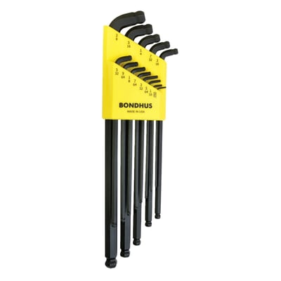 Quality hex key set with black ProGuard™ finish. Comes with dual ball-end sides. Short side allows a 15° work angle, the long side up to 25°. The Stubby's short side is extra short, angled at 100° and has a special, extra tight, inside radius which improves bolt-head insertion right after the bend. This allows you to work in spaces with tight overhead clearance where regular hex keys, even when shortened, have no access. Manufactured from US made Protanium™ industrial high torque steel. Comes complete with plastic holder.
13 piece kit
Double ball end.
Includes .050, 1/16, 5/64, 3/32, 7/64, 1/8, 9/64, 5/32, 3/16, 7/32, 1/4, 5/16, 3/8".