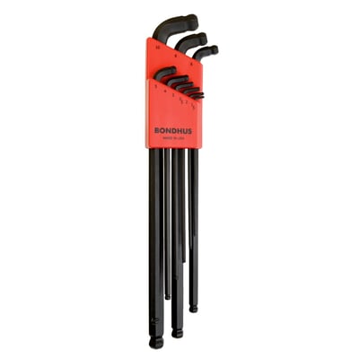 Quality hex key set with black ProGuard™ finish. Comes with dual ball-end sides. Short side allows a 15° work angle, the long side up to 25°. The Stubby's short side is extra short, angled at 100° and has a special, extra tight, inside radius which improves bolt-head insertion right after the bend. This allows you to work in spaces with tight overhead clearance where regular hex keys, even when shortened, have no access. Manufactured from US made Protanium™ industrial high torque steel. Comes complete with plastic holder. 
9 piece kit
Double ball end. 
Includes 1 1/2, 2, 2 1/2, 3, 4, 5, 6, 8, 10mm