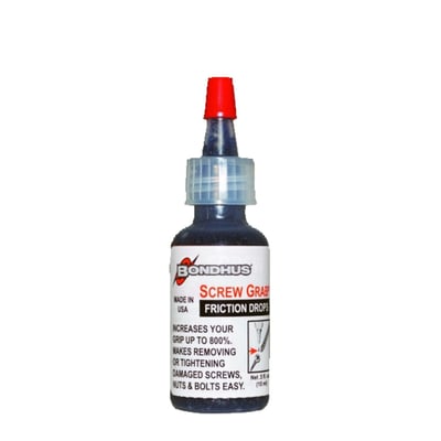 Friction increasing paste to help prevent slippage of bit inserts like hex keys, Phillips, Pozidriv etc. Especially useful in situations where the screw head is damaged and is hard to get a firm hold on. A single drop of Screw Grab® creates up to 800% better grip between metal surfaces, loosening screws that would otherwise have to be drilled out. The improved grip also helps prevents tool wear or rounding and deforming of fasteners. After use Screw Grab® easily wipes off. Approved for use on Boeing airliners and US / RAF fighter jets.