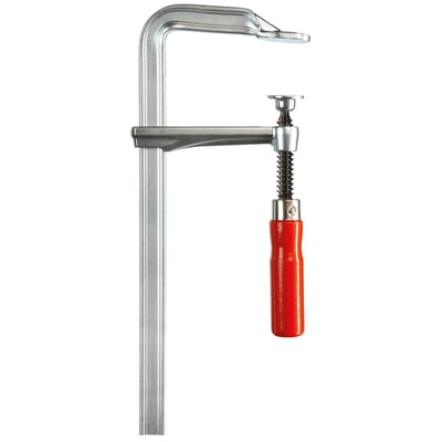 Max opening: 800mm.
Max throat depth: 120mm.
Sliding arm dimension: 28x11mm.
Weight: 2.87kg.
Hardened, tempered and forged steel sliding arm and jaw with a profile to retain shape and resist distortion which ultimately offers 20 % more clamping force per spindle rotation than others. The spindle is equipped with high quality 2-component plastic handle, threads are special surface-coated for a smooth and bind-less action and the spindle pressure plate is easily replaceable. Comes with a zinc plated finish.