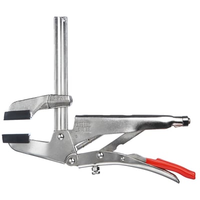 Max jaw opening: 100mm. 
Max. throat depth: 65mm. 
Weight: 1kg. 
Lever-type clamp that works similar to the clamping action of a grip / locking plier. With parallel grip surfaces with a prism recess for small round parts. Includes pressure caps for clamping delicate surfaces.