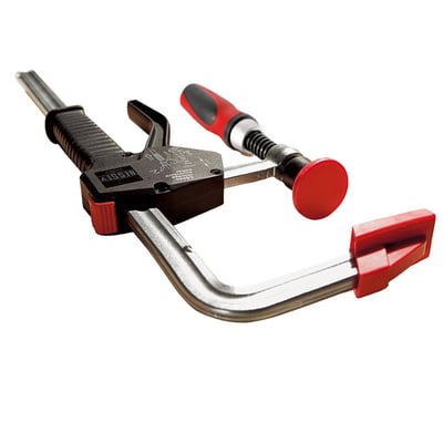 Max. jaw opening: 300mm. 
Max. throat depth: 100mm. 
Sliding arm dimension: 19.5x9.5mm. 
Max. clamping force: 3500N. 
Weight: 1.25kg. 
Allows full pump-type clamping action, using just one hand. The rapid-move button allows you to slide the clamp along the sliding arm quickly and without effort. The sliding arm and jaw are hardened and tempered forged steel with a profile to retain shape and resist distortion. Comes with a zinc plated finish. The spindle is equipped with high quality 2-component plastic handle, threads are special surface-coated for a smooth and bind-less action. The jaw and spindle pressure plate caps are removable and made of elastic, smooth and anti-slip material.