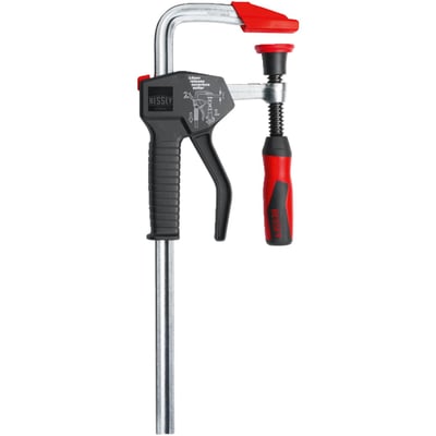 Max. jaw opening: 600mm. 
Max. throat depth: 100mm. 
Sliding arm dimension: 19.5x9.5mm. 
Max. clamping force: 3500N. 
Weight: 1.67kg. 
Allows full pump-type clamping action, using just one hand. The rapid-move button allows you to slide the clamp along the sliding arm quickly and without effort. The sliding arm and jaw are hardened and tempered forged steel with a profile to retain shape and resist distortion. Comes with a zinc plated finish. The spindle is equipped with high quality 2-component plastic handle, threads are special surface-coated for a smooth and bind-less action. The jaw and spindle pressure plate caps are removable and made of elastic, smooth and anti-slip material.