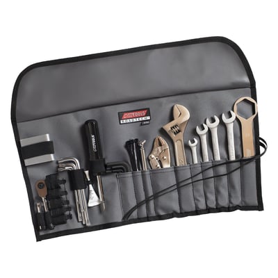 Complete travel tool kit for road-side repairs & adjustments. This kit includes a 34mm axle wrench and a four-stage hex axle adapter with 10mm, 12mm, 19mm, & 22mm sizes in one compact tool. Also includes 6 torx keys, 5 hex keys, 4 metric wrenches, mini ratchet with 2" extension and sockets. Further more a 6-in1 screwdriver, locking pliers, adjustable wrench, cable ties, mechanics wire, duct tape, thread locker, and a tire gauge. All perfectly organized in a heavy-duty roll-up pouch.