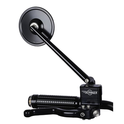 ECE approved; handlebar end mirror; aluminum. Round, diameter 96mm; Stem length 180mm. Motogadget mo.view mirrors are glassless. CNC machined from aluminum and finish-anodized, but a regular glass lens is not used. Instead the patented mirror surface is convex cut directly from the aluminum. This is done with ultra-precision diamond tools using a special ´fly-cutting´ procedure after which it is made corrosion and scratch resistant by a special vacuum plasma coating process. Available in regular and handlebar-end mirrors. Left & right side compatible, except where noted, allows above or below bar end installation and mounts directly onto or into 22mm or 1" diameter handlebars. Body thickness approx. 4.2mm without ball head. 
Note: Installation compatible with Motogadget bar end turn signals, the mo.grip and the push button controls mo.switch and mo.switch mini. 
Note: Installs to all M10 holes. Incl. M10 x 1.50, M10 x 1.25 left & M10 x 1.25 right bolts.