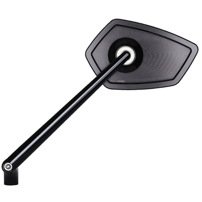 ECE approved; handlebar end mirror; aluminum; 129mm wide x 80mm high; Stem length 180mm. Motogadget mo.view mirrors are glassless. CNC machined from aluminum and finish-anodized, but a regular glass lens is not used. Instead the patented mirror surface is convex cut directly from the aluminum. This is done with ultra-precision diamond tools using a special ´flycutting´ procedure after which it is made corrosion and scratch resistant by a special vacuum plasma coating process. Available in regular and handlebar-end mirrors. Left & right side compatible, except where noted, allows above or below bar end installation and mounts directly onto or into 22mm or 1" diameter handlebars. Body thickness approx. 4.2mm without ball head. 
Note: Installation compatible with Motogadget bar end turn signals, the mo.grip and the push button controls mo.switch and mo.switch mini. 
Note: Installs to all M10 holes. Incl. M10 x 1.50, M10 x 1.25 left & M10 x 1.25 right bolts.