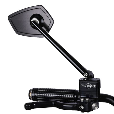 ECE approved; handlebar end mirror; Aluminum; 129mm high x 80mm wide; Stem length 180mm. Motogadget mo.view mirrors are glassless. CNC machined from aluminum and finish-anodized, but a regular glass lens is not used. Instead the patented mirror surface is convex cut directly from the aluminum. This is done with ultra-precision diamond tools using a special ´flycutting´ procedure after which it is made corrosion and scratch resistant by a special vacuum plasma coating process. Available in regular and handlebar-end mirrors. Left & right side compatible, except where noted, allows above or below bar end installation and mounts directly onto or into 22mm or 1" diameter handlebars. Body thickness approx. 4.2mm without ball head. 
Note: Installation compatible with Motogadget bar end turn signals, the mo.grip and the push button controls mo.switch and mo.switch mini. 
Note: Installs to all M10 holes. Incl. M10 x 1.50, M10 x 1.25 left & M10 x 1.25 right bolts.