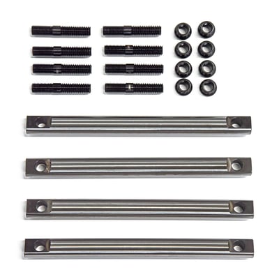 Precision machined from a low alloy nickel, chromium, molybdenum case hardened steel. Offers .0005" paralell tolerance on the flats of the shafts. Complete with a special stud & nut kit from 4130 steel for precision 'torque steady' installation of the rocker arm shafts. Perfect for performance applications with increased spring pressure. Upgraded replacement for the OEM 17300053 (front exh, rear int), 17300055 (front int, rear exh) and 17300059B (set). 