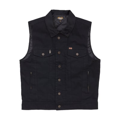 With quilted taffeta lining, dual chest pockets, button down collar, zipper pouch pocket on back with snaps, interior pockets with key clip and Good Luck pin on pocket flap; 100% cotton and 50% cotton/50% polyester lining
