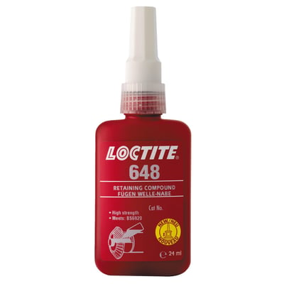 Fluid. 24cc bottle. High strength. Used to bond press- or shrink-fit, non-threaded cylindrical assemblies, like bearings, into place. Up to 200°C. Remove with 250°C localized heat.