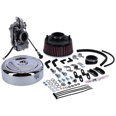 The 'Total Carb kit' includes the carburetor, a high performance manifold, K&N high flow air filter assembly, chrome air cleaner cover and breather kit.
Use S&S Super E manifold (MCS 940238). This must be purchased separately. 
Note: 84-89 models will need 90-95 style throttle cables