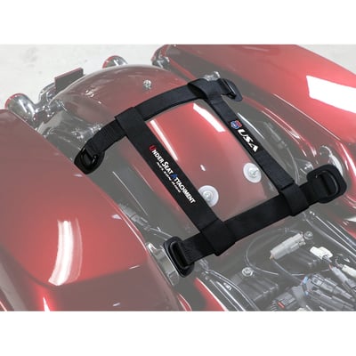 Used when you do not have a backrest or luggage rack. Mounts under the passenger seat. You can then use the metal D-rings for securely strapping your slip-free luggage to the passenger seat.
- 4 heavy duty self-fastening straps
- 4 metal D-rings for attaching straps and hooks
- Fully adjustable to fit most under seat configurations
- Protective material to help prevent scratching or movement.
Note: Do not use with Route 1 Rover Pet Carrier.