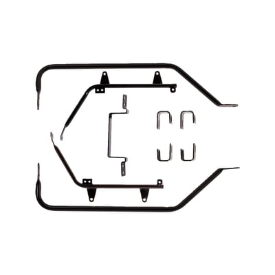 Steel. Black powder coated. Mounting kit, with all required hardware, to install 93-up style left & right side Touring fiberglass hard bags or leather bags to Softail models. For ABS models and use with 2" risers.