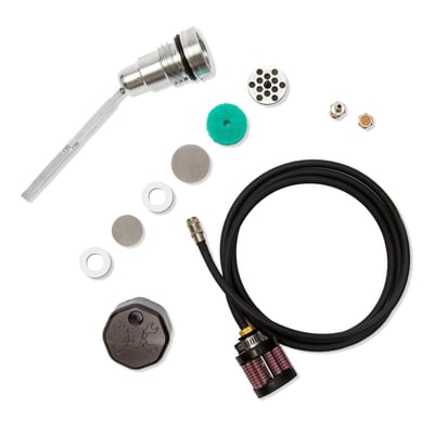 Black cap. Comes as complete kit with vented dipstick, filter, braided clear PVC covered line. Touring models have the oil tank mounted under the transmission. The engine, with two massive pistons going up and down, breathes in to the oil tank. This system is a way to vent the oil tank to help reduce pressure build-up and reduce power robbing pressures and stops dipstick blow-out.
Note: Gaskets are supplied where required.