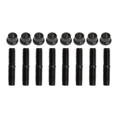 Includes studs & 12-point nuts. Heat treated 8640 steel. Black oxide coating. Replacement for the stock rockerarm shaft to rocker arm tower bolts. The one time installation of these studs help prevent damage to the aluminum rocker arm tower bolt threads and consequent damage of rocker arms coming loose. Especially advised when running high lift cams. Heat treated 8640 steel with a black oxide finish. Offers a 14% increase in material strength over stock bolts. 5/16-16 UNC to 5/16-24 UNF threaded.