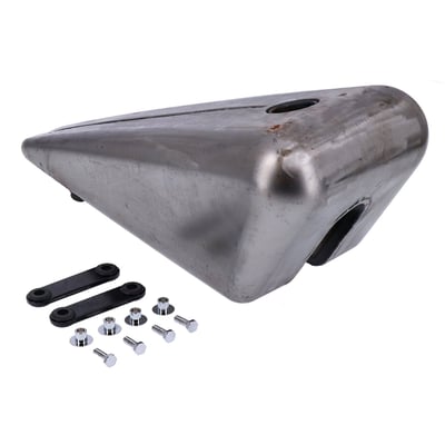 Designed for longer frames with an extended top tube. 2.5 gallon (9.5 liter) flat bottom fuel tank. Takes an 82-up screw-in style gas cap and comes with a 5/8"-18 threaded petcock fitting, on the right rear side. Approx. dimensions: 23-1/2" (59.7cm) long x 9-1/2" (24.1cm) wide x 4" (10.2cm) high. Mount holes are 9-1/2" (24.1cm) center to center. 

Note: It is advised to pressure test, seal and test fit all tanks before tanks are painted and installed. Some tanks are painted, but this coat is applied for rust prevention during storage only. Dimensions are approximate and for reference only. 