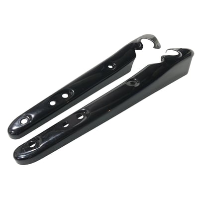 Gloss black. OEM style replacement left & right steel covers that cover the stock 'one-piece with the frame' fender struts. 
OEM replacement reference 60203-06 (right) and 60204-06 (left)