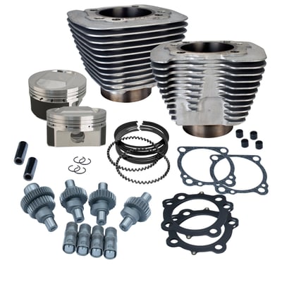 With silver finished cylinders. More than just a regular big bore kit. Consists of a complete of piston kits with cylinders, a bolt-in 482 camshaft set for unrestricted breathing and a high performance hydraulic lifter set. Fine-tuned components to bring out the best in real world performance & reliability. No re-balancing required.
Note: This is a kit to be used with 1200 XL Sportsters only, it will not work with 883 heads.