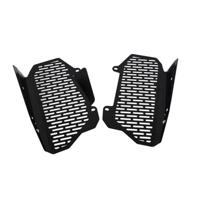 This radiator cover protects the expensive and sensitive radiator from road rocks. It has been made from black powdercoated stainless steel. Easy installation as mounted to the OEM mouting holes.