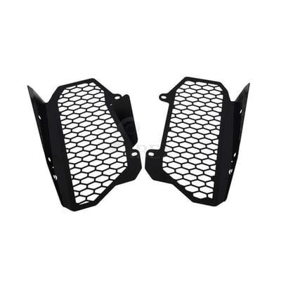 This radiator cover protects the expensive and sensitive radiator from road rocks. It has been made from black powdercoated stainless steel. Easy installation as mounted to the OEM mouting holes.