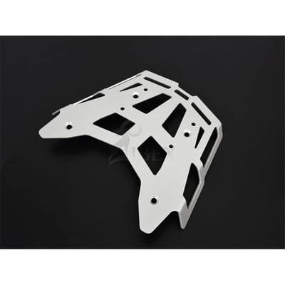 This silver powdercoated luggage rack is made from 4mm thick and laser cut aluminum. It can be mounted to the original support plate to enlarge the rack's surface area. The slots for the fastening straps secure the luggage directly on the luggage rack. 