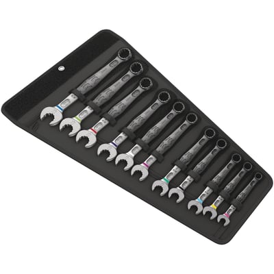 11-piece set. Metric 6003 series Joker open end / box end wrenches. The open end is designed as an angled open box end, combining the best of both systems. The direct access of an open end is a clear advantage but by reversing the open end head a total of just 7.5° of pivoting angle is required to work on a nut or bolt. This offers better access in limited spaced then was ever possible before with an open end wrench. On the other side the traditional 15° angled box end offers access to bolts and nuts that an open end just can't reach. Each wrench comes with identical sizes on each end. Packed in a robust textile pouch. Color coded for size. When everything fails, it's time to play your Joker! Kit includes: 8 x 115mm; 10 x 125mm; 11 x 135mm; 12 x 148mm; 13 x 160mm; 14 x 167mm; 15 x 174mm; 16 x 182mm; 17 x 190mm; 18 x 210mm; 19 x 230mm.