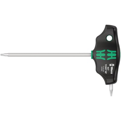 Series 467. Chrome plated round shaft. With dual component handle and "Take it easy" toolfinder. Tip size: TX8. Shaft length long side: 100mm. Shaft length short side: 12mm. Handle height: 32mm. Handle width: 65mm. Shaft diameter: 3,5mm.