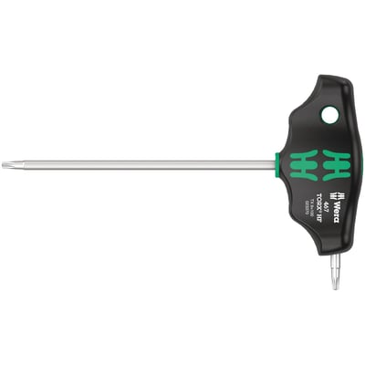 Series 467. Chrome plated round shaft. With dual component handle and "Take it easy" toolfinder. Tip size: TX9. Shaft length long side: 100mm. Shaft length short side: 12mm. Handle height: 32mm. Handle width: 65mm. Shaft diameter: 3,5mm.