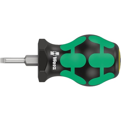 The 335 series Stubby screwdriver is designed to work in limited access spaces, like carburetor float bowl screws. Comes with special coating on the tip for a precision fit and a long service life. With anti-roll feature in the handle. Tip thickness at tip: 0,6mm. Tip width: 3,5mm. Shaft length: 24,5mm. Handle length: 54mm. Shaft diameter: 3,5mm.