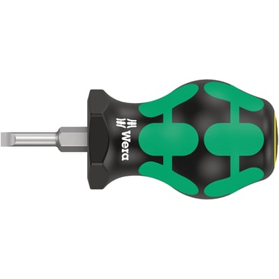 The 335 series Stubby screwdriver is designed to work in limited access spaces, like carburetor float bowl screws. Comes with special coating on the tip for a precision fit and a long service life. With anti-roll feature in the handle. Tip thickness at tip: 0,8mm. Tip width: 4mm. Shaft length: 24,5mm. Handle length: 54mm. Shaft diameter: 4mm.