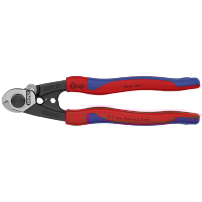 High leverage pliers for easy cutting. Comes with a bolted joint for precision blade guidance and allows easy re-adjusting of the tension. With 2 crimping dies in the neck for bowden cable sheaths and ferrules for traction cables. Manufactured from forged chrome vanadium tool steel that is multi-stage oil hardened. Cutting edges are additionally precision induction hardened to approx. 64 HRC and will cut from 7mm multiple-stranded copper wire, 5mm wire rope and 4mm solid steel up to 2.5mm diameter hard spring steel. Comes with multi-component grips, a polished head and black phosphate coating. Overall length 190mm, weight 314 gram.