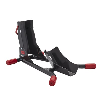 Motorcycle front wheel stand for quick, easy and comfortable 'ride-in' parking. No need for leaning on a side stand, that saves space. Adjustable for 15-19 inch tires that are 90mm to 130mm wide. A small, lightweight but strong construction with powder coated finished steel frame and wheel cups. The rear cup is a clever swivel design, which prevents roll-out. Feet have anti-slip rubber. With carry handle. Dimensions: 61cm long x 52cm wide x 35cm high. Net Weight 7kg.