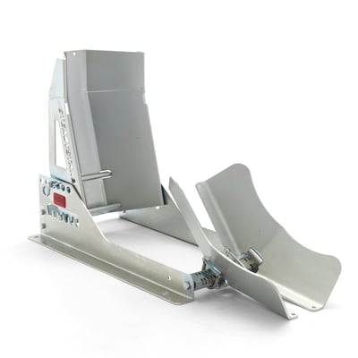 Motorcycle front wheel stand for bike transport. Adjustable, without tools, for 15-21 inch tires that are 90mm to 200mm wide. Designed to be bolted to the floor of a trailer, van or pick-up for motorcycle transport. A small but strong construction with a zinc plated steel frame and wheel cups. The rear cup is a clever swivel design, which prevents roll-out. Dimensions: 65.5cm long x 28cm wide x 38cm high. Net weight 8kg. 

Note: Will require additional bike straps when the bike is transported.