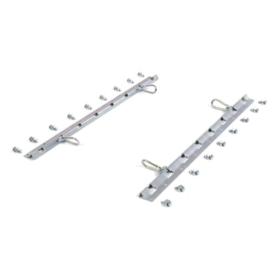 Used as installation point for motorcycle tie-downs during transport. Permanently installs to the floor of a trailer, van or pick-up. Rails are zinc plated steel and offer a strong and secure mounting point for tie-downs. Set includes two rails with four multi-point attachable carabiners and installation hardware. Dimensions: 78.5cm long x 5cm wide x 1cm high. Net weight 2.7kg.