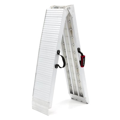 Max load capacity 680kg. Clear anodized aluminum load ramp. Extra wide for easier loading. With carrying handle for easy transport and safety straps to prevent the ramp from sliding. Dimensions: Length 224cm. Folded length 114cm. Width 28.5cm. Weight 12kg.