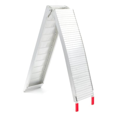 Max load capacity 340kg. Clear anodized aluminum load ramp with a rugged hinge. Includes tension straps to prevent the ramp from sliding. Special plastic protective parts were added to help prevent scratches or damage to the van or pick-up. Dimensions: Unfolded length 220cm. Folded length 114cm. Width 28cm. Net weight 7.3kg.