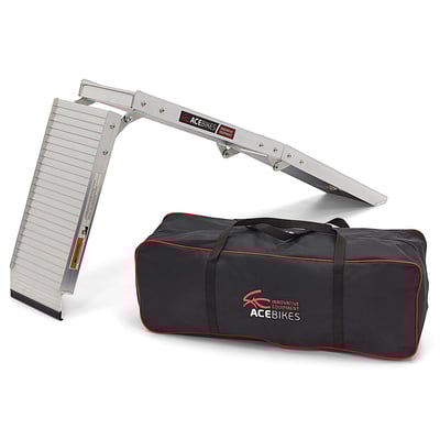 Max load capacity 300kg. Clear anodized aluminum load ramp. Comes with a convenient to store textile bag with carrying handles. Dimensions: Length unfolded 199.2cm. Folded length 72cm. Height 21.5cm. Width 25cm. Net weight 8.6kg.