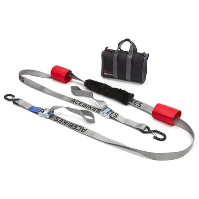 Used to secure motorcycles during transport around the handlebar area. Installs as one-piece extra long tie-down with 50mm zinc plated cam buckles and plastic coated hooks with locking clips on both sides. The 35mm wide polyester strap comes with an artificial sheep skin sleeve in the middle to help prevent scratches. includes integrated hand loops for good grip and easy adjustments. Complete with carrying bag. Bag dimensions: 24cm long x 9cm wide x 15cm high. Strap overall length 300cm, width 35mm. Net weight 1kg. Maximum payload 300daN (305kg-force).