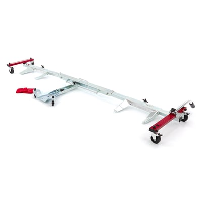 Adjustable for 130cm to 152.5cm wheel base with up to 210cm overall motorcycle length and up to 275kg. Dimensions folded 102x42x84cm , unfolded 222x23x63cm. Net weight 19kg. Used to effortlessly move your motorcycle around in tight spaces of garages and sheds. Rolls on 75mm 360° rotatable swivel wheels. When the bike is parked on the side stand the U-Turn Motor Mover is simply placed under the bike. The side stand is placed on the Motor Mover and then, by using a hand operated lever, the bike is lifted off the ground and can be moved around. No need to ride the bike on to the Motor Mover. Foldable for easy storage.