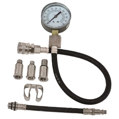 Designed for motorcycle use. Includes a metal clip that can be clipped to the gauge. The gauge can then be clipped to the bike's frame or handlebar leaving pour hands free. Includes adapters for 10mm, 12mm, 14mm and 18mm threaded spark plug holes. The gauge is 2-1/2" (6.4cm) diameter and has a dual scale dial that shows 0-300 psi and 0-21 bar.