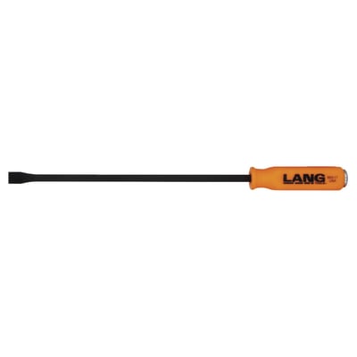 17" (43.2cm) long. Curved pry bars manufactured from a high carbon content steel alloy with an orange nylon grip. The tip is angled for best access and leverage. With steel strike cap that is directly connected to the steel of the bar itself. Exceeds ASME (American Society of Mechanical Engineers) standards.