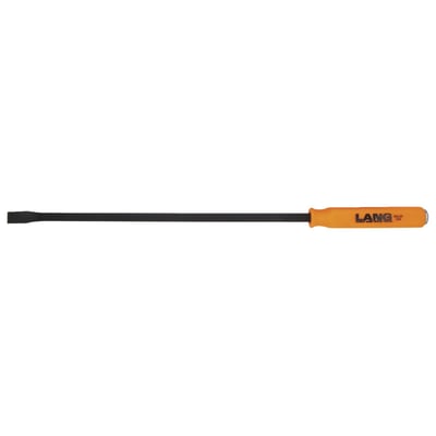 25" (63.5cm) long. Curved pry bars manufactured from a high carbon content steel alloy with an orange nylon grip. The tip is angled for best access and leverage. With steel strike cap that is directly connected to the steel of the bar itself. Exceeds ASME (American Society of Mechanical Engineers) standards.