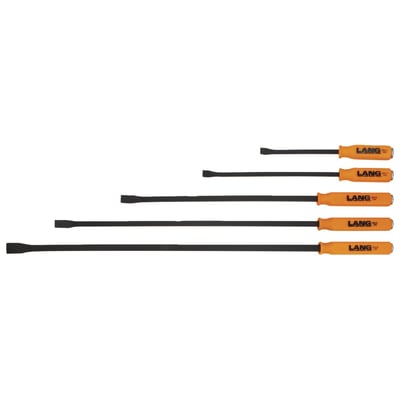 Set with 12" (30.5cm), 17" (43.2cm), 25" (63.5cm), 31" (78.7cm) and 36" (91.4cm) long bars. Curved pry bars manufactured from a high carbon content steel alloy with an orange nylon grip. The tip is angled for best access and leverage. With steel strike cap that is directly connected to the steel of the bar itself. Exceeds ASME (American Society of Mechanical Engineers) standards.