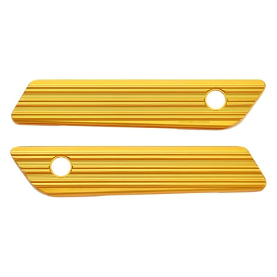 All gold anodized finish. CNC machined from billet 6061 aluminum. Fits Touring models with hard bags. Full functions of stock latches are retained. Bolt-on design that works with stock hinge and lock assembly. Complete with installation hardware.