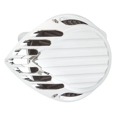 A contemporary teardrop shaped air cleaner assembly. The back plate of this filter is CNC machined from cold forged aluminum for a maximum in strength. The open filter cover offers a maximum Rough Crafts design, a minimum in weight and a maximum in breathing capabilities. The filter element is USA made of a special synthetic material that offers better water resistance and will not require oiling, just cleaning. Compatible with stock to high performance engines.
Note: The breather design used is the patented Arlen Ness Big Sucker design. Breathers are o-ringed at the heads, pass through the backing plate and proprietary shooter tubes are placed inside the mouth of the throttle/carburetor body. This allows a perfect breathing action and effectively eliminates all external breather hoses for the ultimate in clean looks.