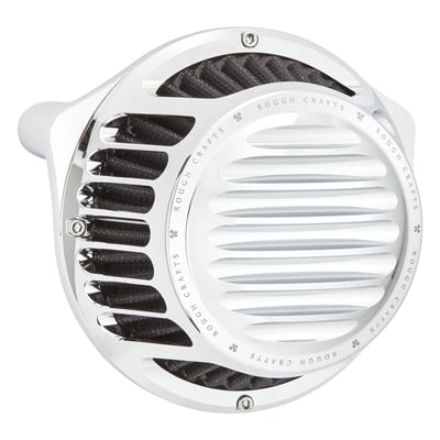 A contemporary round shaped air cleaner assembly. The back plate of this filter is CNC machined from cold forged aluminum for a maximum in strength. The open filter cover offers a maximum Rough Crafts design, a minimum in weight and a maximum in breathing capabilities. The filter element is USA made of a special synthetic material that offers better water resistance and will not require oiling, just cleaning. Compatible with stock to high performance engines. 

Note: The breather design used is the patented Arlen Ness Big Sucker design. Breathers are o-ringed at the heads, pass through the backing plate and proprietary shooter tubes are placed inside the mouth of the throttle body. This allows a perfect breathing action and effectively eliminates all external breather hoses for the ultimate in clean looks.