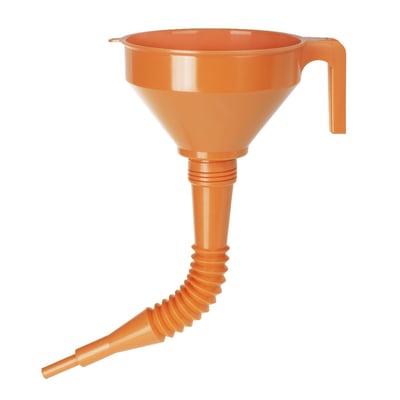 160mm diameter orange HDPE (high density polyethylene) funnel with a safe handle, removable brass strainer and a LDPE (polyethylene of low density) 330mm long removable flexible spout. Oil, acid and fuel-resistant. 
Dimensions: 440mm overall height x 220mm x 160mm base. With 13mm and 19mm two-step removable spout.