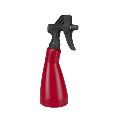 500cc. 281mm high x 90mm diameter. Red HDPE (high density polyethylene) container with a black spray head made from special plastic. Sprays 1.4cc per stroke with a 50° spray angle. Recommended for use with thin liquids as lubricants, disinfectants, brake cleaners, cleaners from industrial and automotive industry areas. Allows use, with the container in a horizontal position, through a special plastic suction hose. It is advised to thoroughly flush the system with clean water after use.