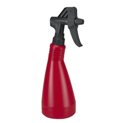 750cc. 313mm high x 100mm diameter. Red HDPE (high density polyethylene) container with a black spray head made from special plastic. Sprays 1.4cc per stroke with a 50° spray angle. Recommended for use with thin liquids as lubricants, disinfectants, brake cleaners, cleaners from industrial and automotive industry areas. Allows use, with the container in a horizontal position, through a special plastic suction hose. It is advised to thoroughly flush the system with clean water after use.