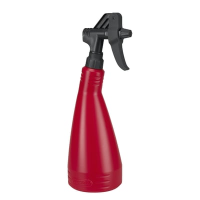 1000cc. 341mm high x 110mm diameter. Red HDPE (high density polyethylene) container with a black spray head made from special plastic. Sprays 1.4cc per stroke with a 50° spray angle. Recommended for use with thin liquids as lubricants, disinfectants, brake cleaners, cleaners from industrial and automotive industry areas. Allows use, with the container in a horizontal position, through a special plastic suction hose. It is advised to thoroughly flush the system with clean water after use.